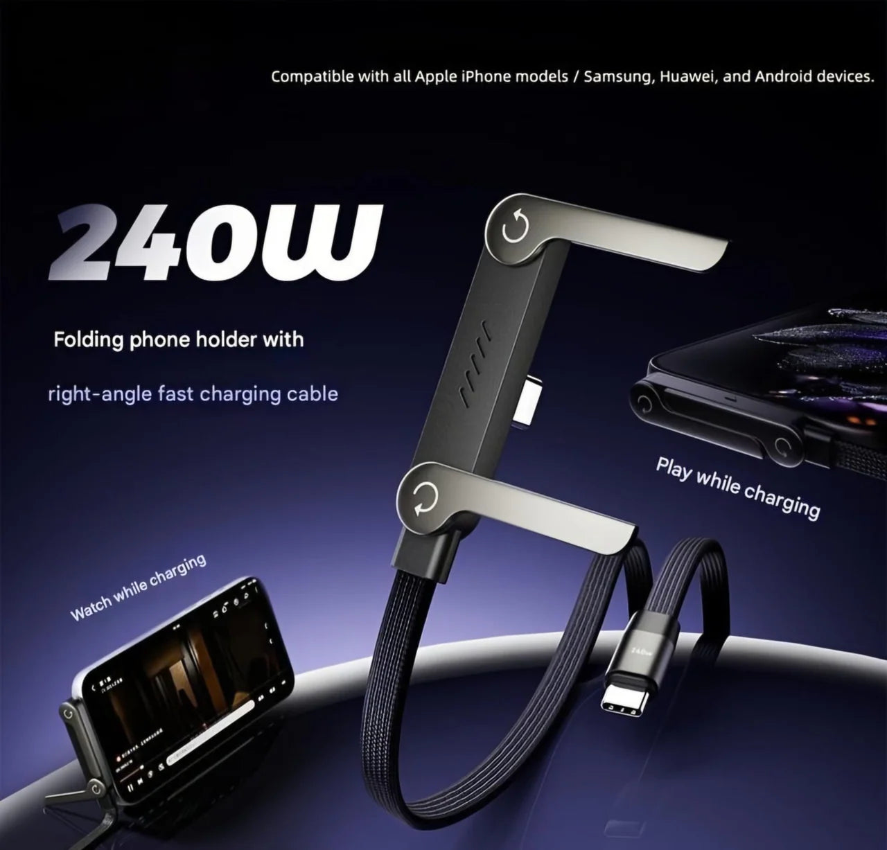 240W Fast Charging Type-C Cable with Built-in Phone Stand
