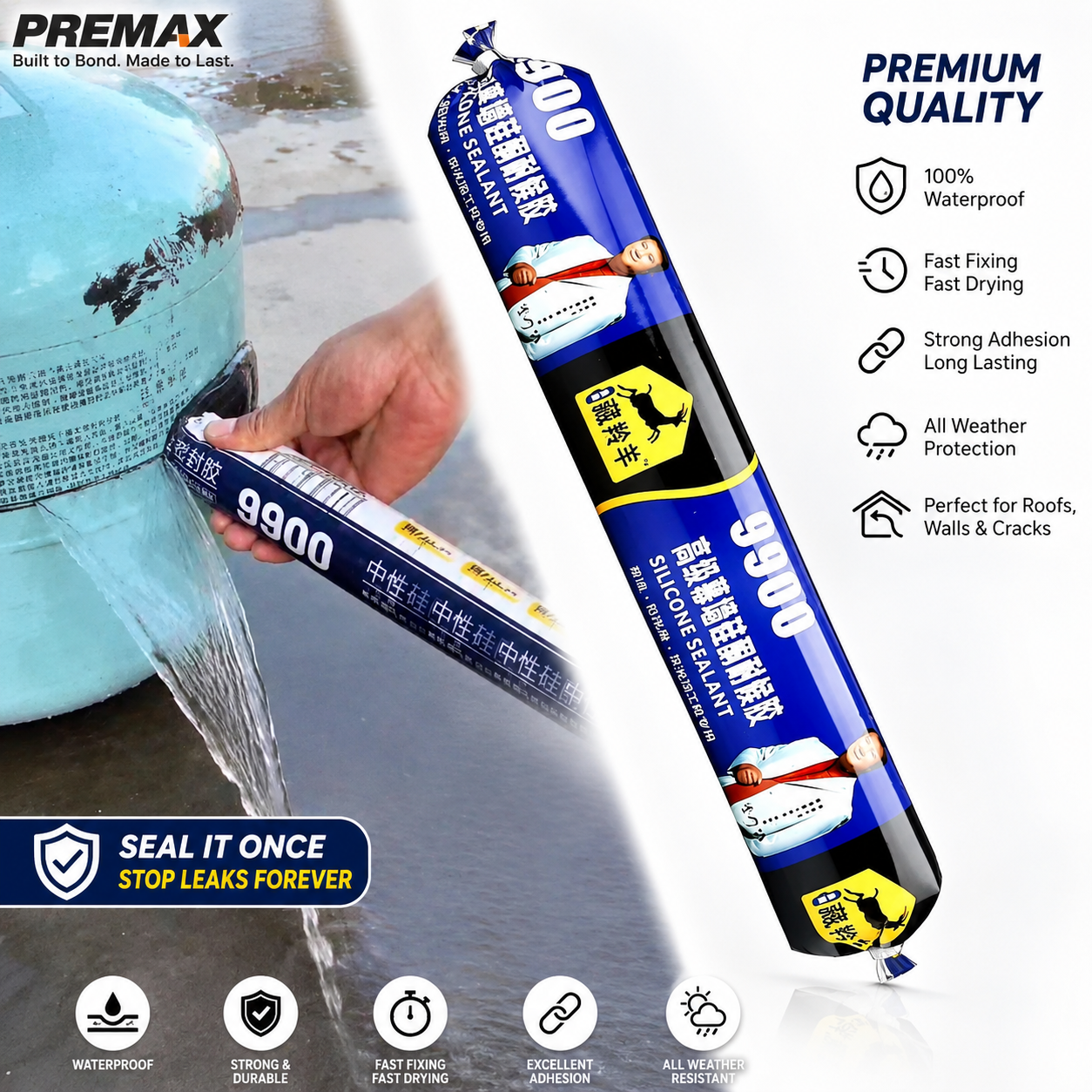 Premax Waterproof Silicone Sealant – Fast-Dry Roof Fix