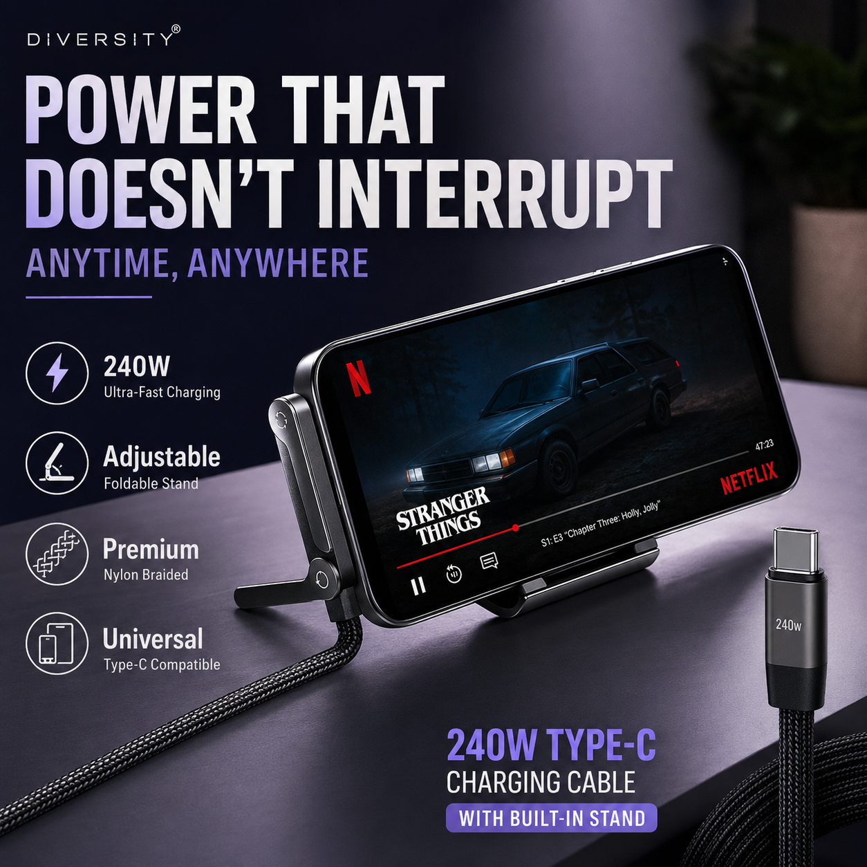 240W Fast Charging Type-C Cable with Built-in Phone Stand